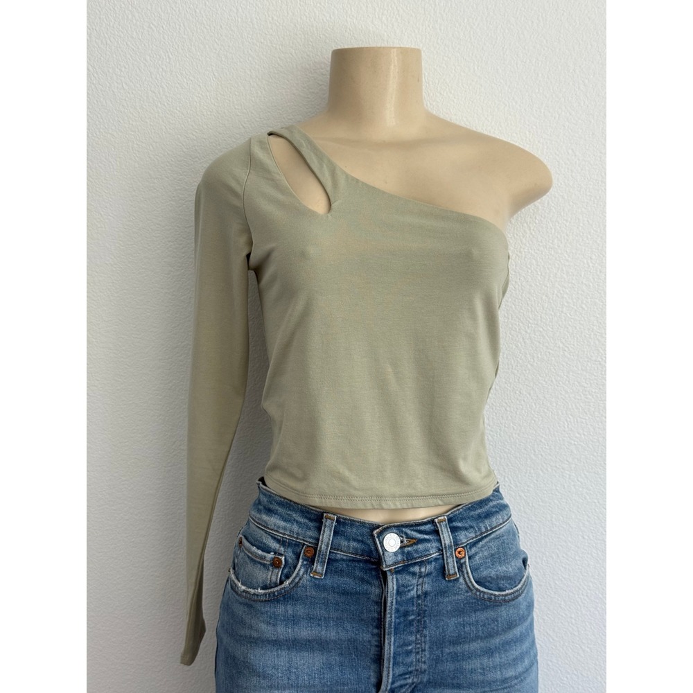 Abercrombie & Fitch One Shoulder Cutout Top Olive Green Long Sleeve Chic Trendy